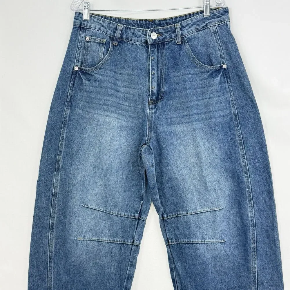 Women’s Blue Denim Barrel Leg Jeans Size 12 High Rise Wide Leg Trendy - Picture 5 of 16